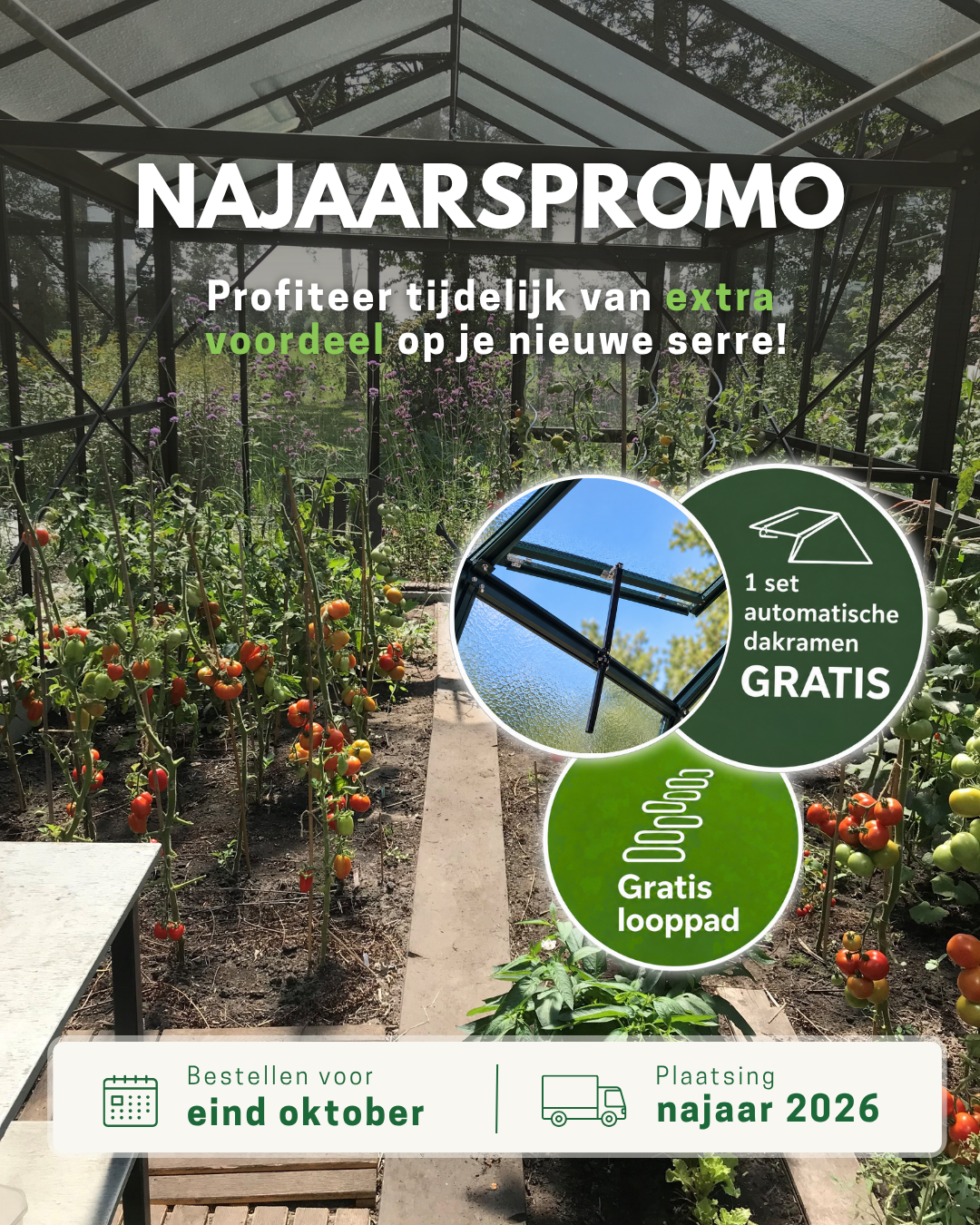 Najaarspromo: gratis automatische dakramen en gratis looppad bij plaatsing van je nieuwe serre